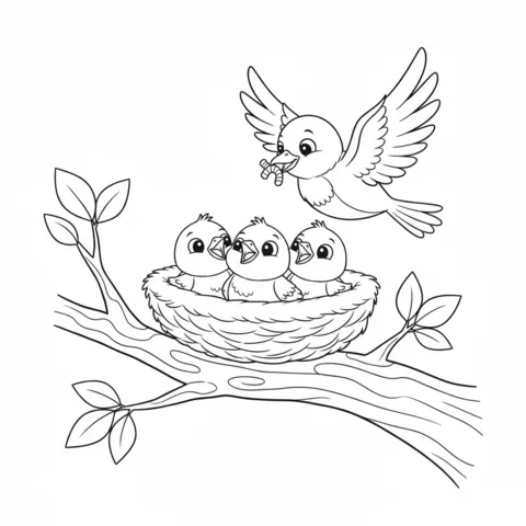 Dibujo de Pájaro para colorear: una mamá pájaro alimenta un gusano a tres pajaritos en un nido en una rama de árbol
