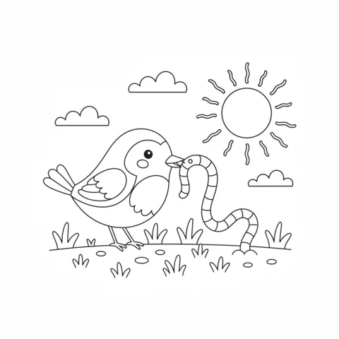 Dibujo de Pájaro para colorear: un pequeño pájaro saca un gusano largo del suelo bajo un sol brillante