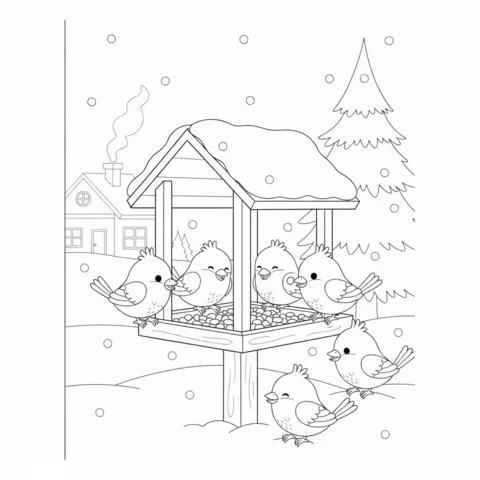 Dibujo de Pájaros para colorear: seis pajaritos se reúnen alrededor de un comedero cubierto de nieve en una escena invernal