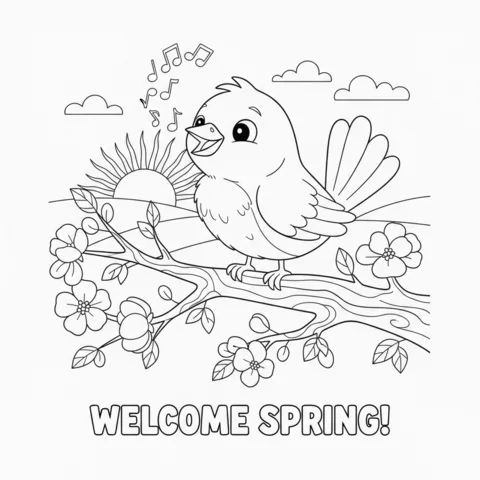 Dibujo de Pájaro para colorear: un pájaro feliz canta en una rama florecida con un amanecer al fondo