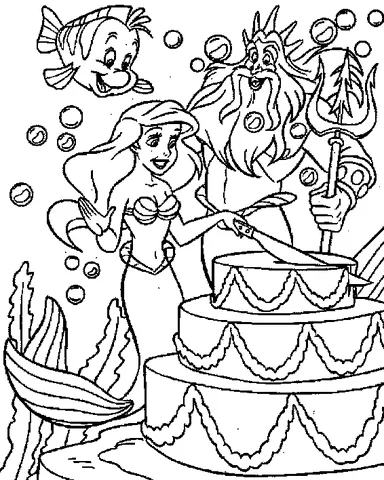 Birthday Cake coloring page: Ariel and King Triton cutting a three-tier cake underwater with Flounder watching