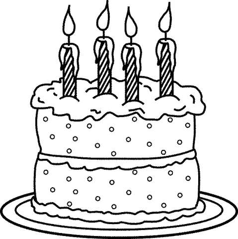 Birthday Cake coloring page: a two-tier cake with four lit candles on top, decorated with polka dots