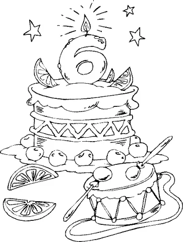 Birthday Cake coloring page: a two-tier cake with a number 6 candle, lemon slices, and a drum