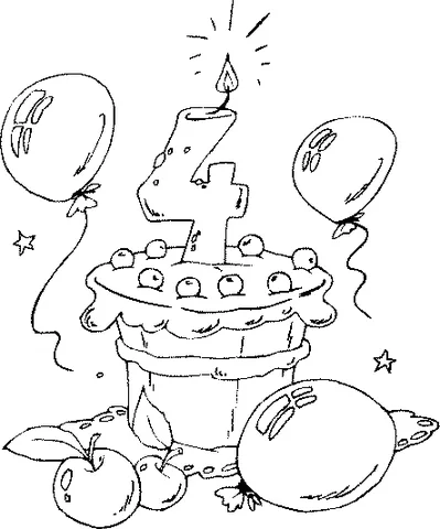 Birthday Cake coloring page: a single-tier cake with a number 4 candle, balloons, apples, and candy