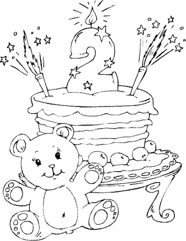 Birthday Cake coloring page: a single-tier cake with a number 2 candle, sparklers, and a teddy bear