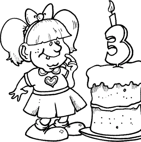 Birthday Cake coloring page: a little girl with pigtails and a bow next to a single-tier cake with a number 3 candle