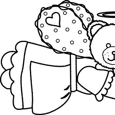 Birthday Cake coloring page: a teddy bear angel holding a heart-shaped pillow with a halo above its head