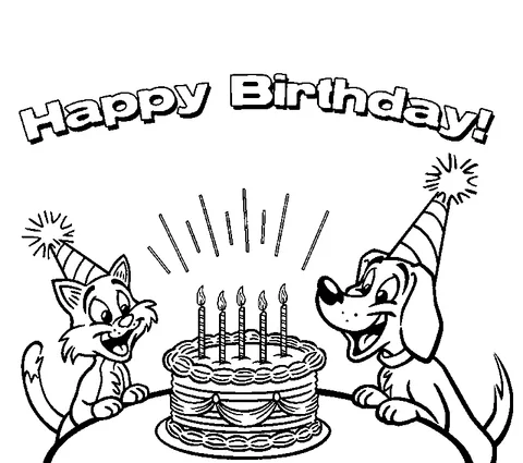 Disegno di compleanno da colorare: un gatto e un cane con cappelli da festa, che guardano una torta di compleanno con cinque candeline