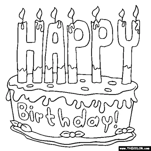 Disegno di compleanno da colorare: una torta di compleanno a due piani con "Birthday" scritto in basso e candeline "Happy" in cima