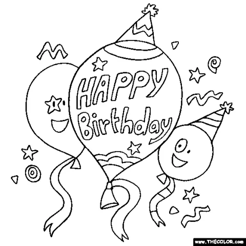 Disegno di compleanno da colorare: due palloncini e una trombetta da festa con cappelli da festa, con "Happy Birthday" sul palloncino grande