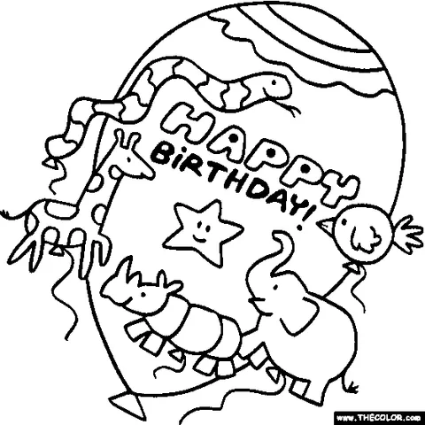 Disegno di compleanno da colorare: un grande palloncino con "Happy Birthday" circondato da una giraffa, un elefante, un rinoceronte, un serpente, un uccello e una stella