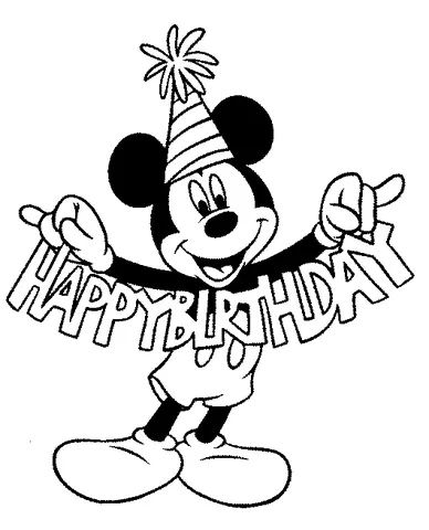 Disegno di Topolino da colorare: Topolino con un cappello da festa, che tiene uno striscione "Happy Birthday" e indica