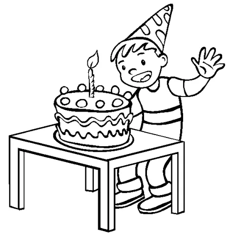 Disegno di compleanno da colorare: un bambino con un cappello da festa, che saluta accanto a un tavolino con una torta di compleanno e una candela