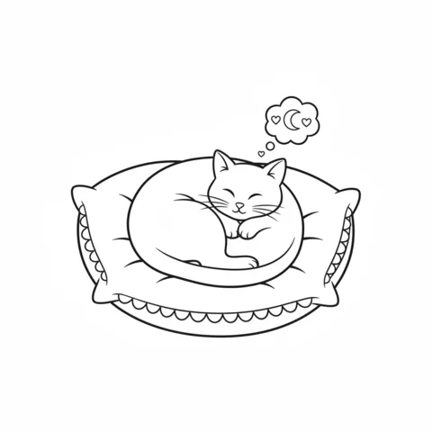 Desenho de gato preto para colorir: um gato preto dormindo enrolado em uma almofada, sonhando com uma lua e corações