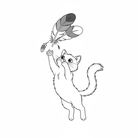 Desenho de gato preto para colorir: um gato preto brincalhão pulando para pegar duas penas com a pata