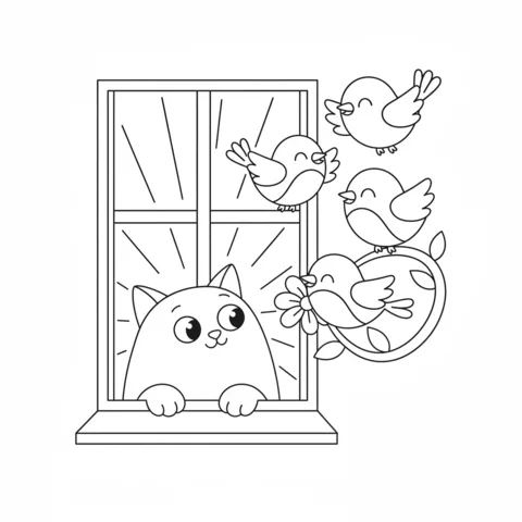 Desenho de gato preto para colorir: um gato preto curioso espiando por uma janela para quatro pássaros voando lá fora
