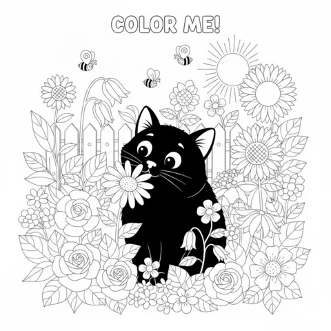 Desenho de gato preto para colorir: um gato preto sentado em um jardim de flores, cheirando uma margarida, com abelhas e sol