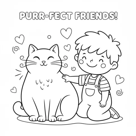 Desenho de gato preto para colorir: um gato preto feliz sentado ao lado de um menino que o acaricia, com corações ao redor