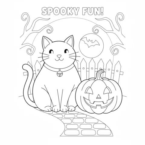 Desenho de gato preto para colorir: um gato preto sentado em um caminho de tijolos ao lado de uma abóbora esculpida, com uma lua de morcego