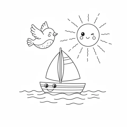 Boat coloring page: a small sailboat with a face, a bird, and a winking sun