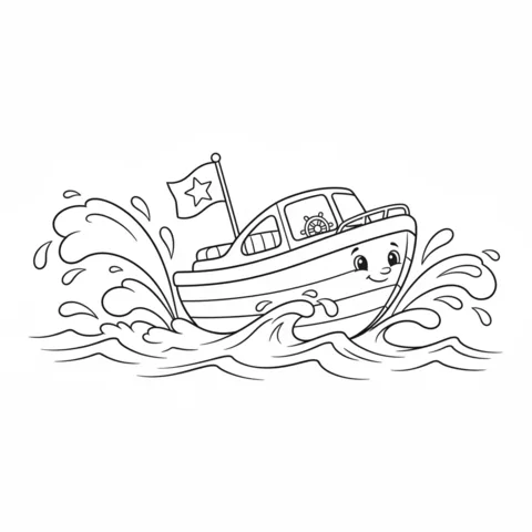 Boat coloring page: a smiling motorboat with a flag on top, making big waves