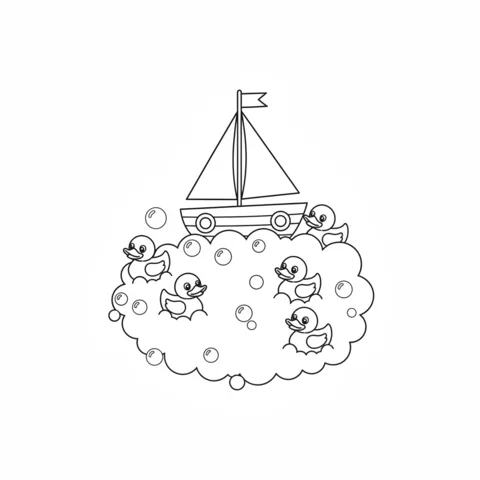 Boat coloring page: a sailboat with a flag floating in a bubble bath with rubber ducks