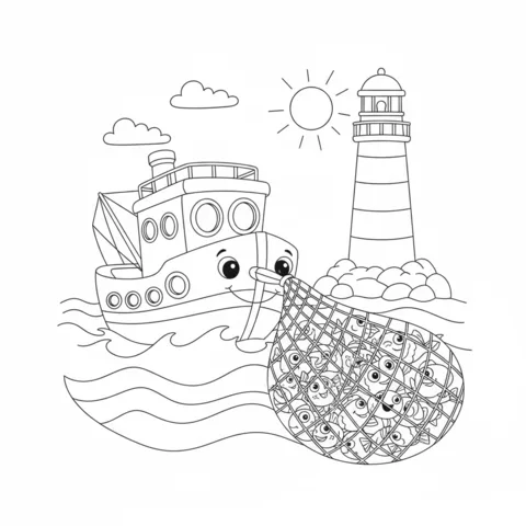 Boat coloring page: a fishing boat with a net full of fish next to a lighthouse