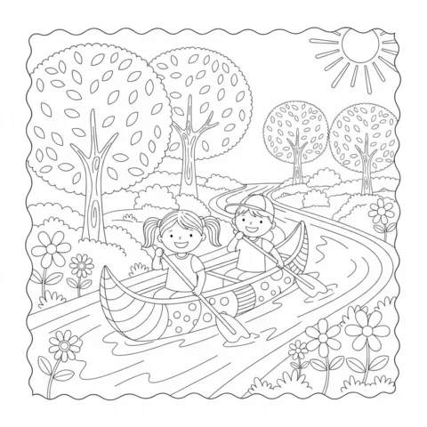Boat coloring page: a boy and a girl paddling a canoe down a river surrounded by trees