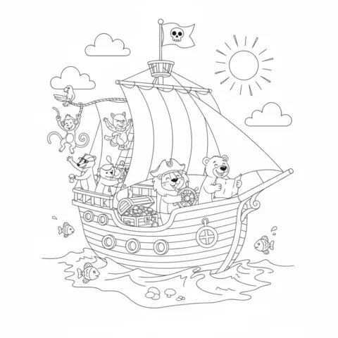 Boat coloring page: a pirate ship with animal pirates, a treasure chest, and a skull flag