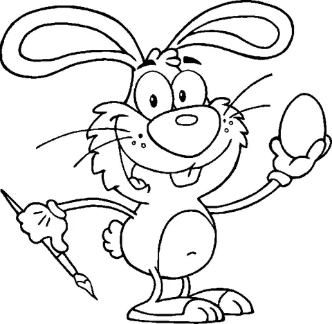 Ausmalbild Hase: ein fröhlicher Hase hält einen Pinsel und ein Osterei