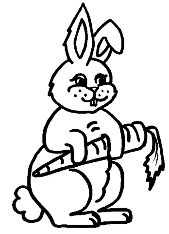 Ausmalbild Hase: ein kleiner Hase hält eine große Karotte mit grünen Blättern