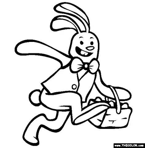 Ausmalbild Hase: ein rennender Osterhase mit Fliege und Weste, der einen Korb mit Eiern trägt