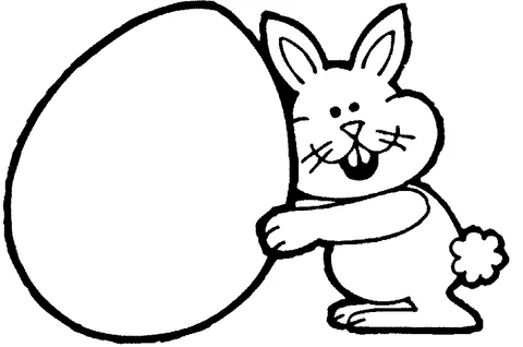 Ausmalbild Hase: ein glücklicher Hase umarmt ein riesiges, leeres Osterei