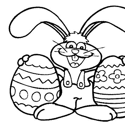 Ausmalbild Hase: ein fröhlicher Hase in Latzhose, der zwei verzierte Ostereier hält