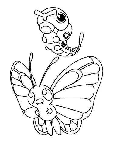Ausmalbild Schmetterling: ein süßer Cartoon-Schmetterling und eine segmentierte Raupe darüber