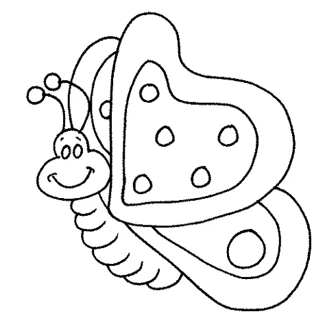 Ausmalbild Schmetterling: ein lächelnder Cartoon-Schmetterling mit großen, herzförmigen Flügeln und Tupfen