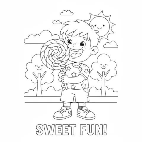 Coloriage Bonbons : un garçon heureux tenant une grande sucette spirale à l'extérieur sous le soleil