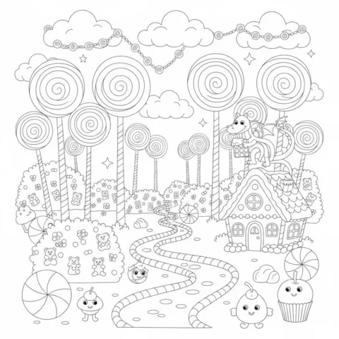 Coloriage Bonbons : un monde de bonbons fantastique avec une maison en pain d'épices, un dragon et des arbres en bonbons