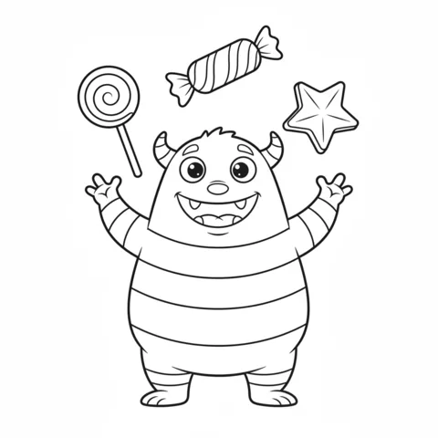 Coloriage Bonbons : un monstre rayé mignon avec des cornes jonglant avec une sucette, un bonbon et un biscuit en étoile
