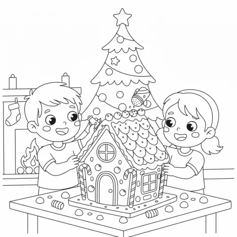 Coloriage Bonbons : deux enfants décorant une maison en pain d'épices avec un sapin de Noël en arrière-plan