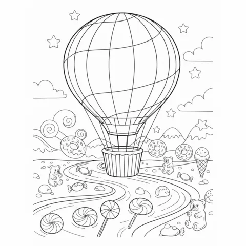 Coloriage Bonbons : une montgolfière en forme de cupcake volant au-dessus d'un paysage de bonbons