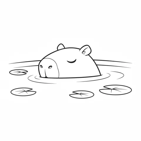 Capybara coloring page: a capybara with closed eyes relaxing in water with lily pads
