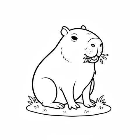 Capybara coloring page: a capybara sitting on grass, happily munching on a leafy branch