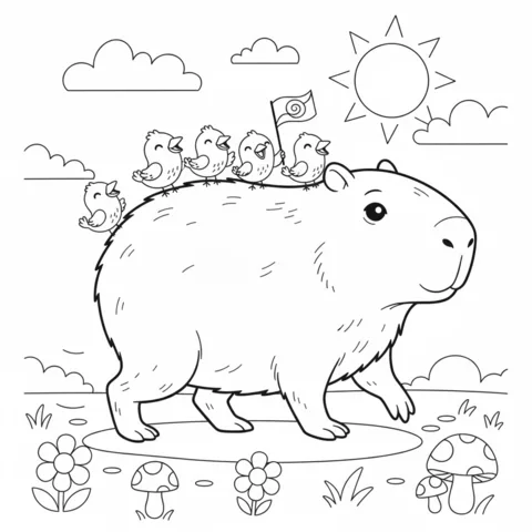 Capybara coloring page: a capybara walking with five small birds on its back, one holding a flag