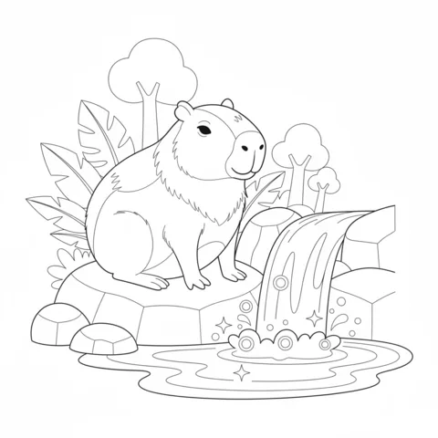 Capybara coloring page: a capybara sitting on rocks next to a waterfall in a jungle setting