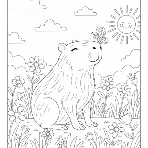 Capybara coloring page: a capybara sitting in a field of flowers with a butterfly on its nose
