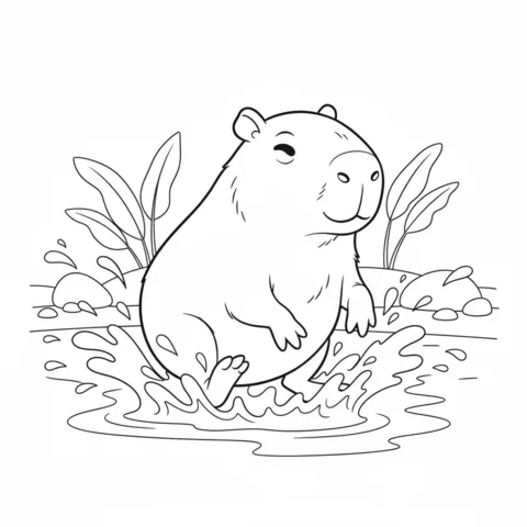 Capybara coloring page: a capybara splashing happily in shallow water with plants in the background