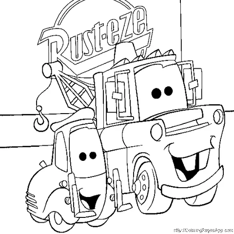 Coloriage Cars : Martin et une petite dépanneuse souriant avec le logo Rust-eze