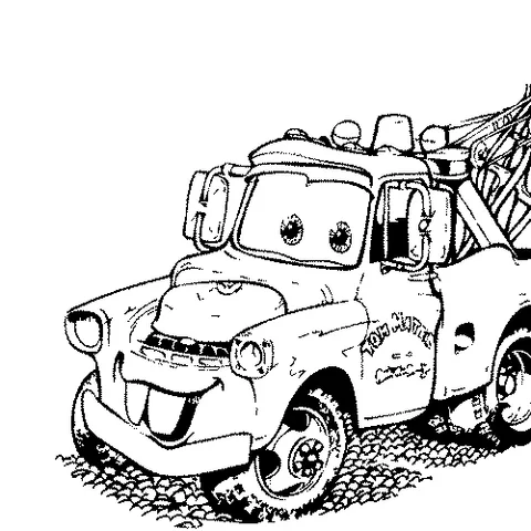 Coloriage Cars : Martin la dépanneuse souriant, vu de face et légèrement de côté