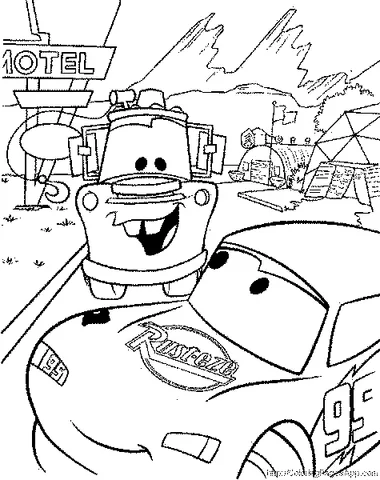 Coloriage Cars : Martin et Flash McQueen souriant devant un motel et des montagnes